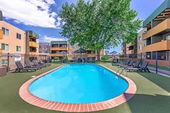 A swimming pool surrounded by sun loungers and trees.